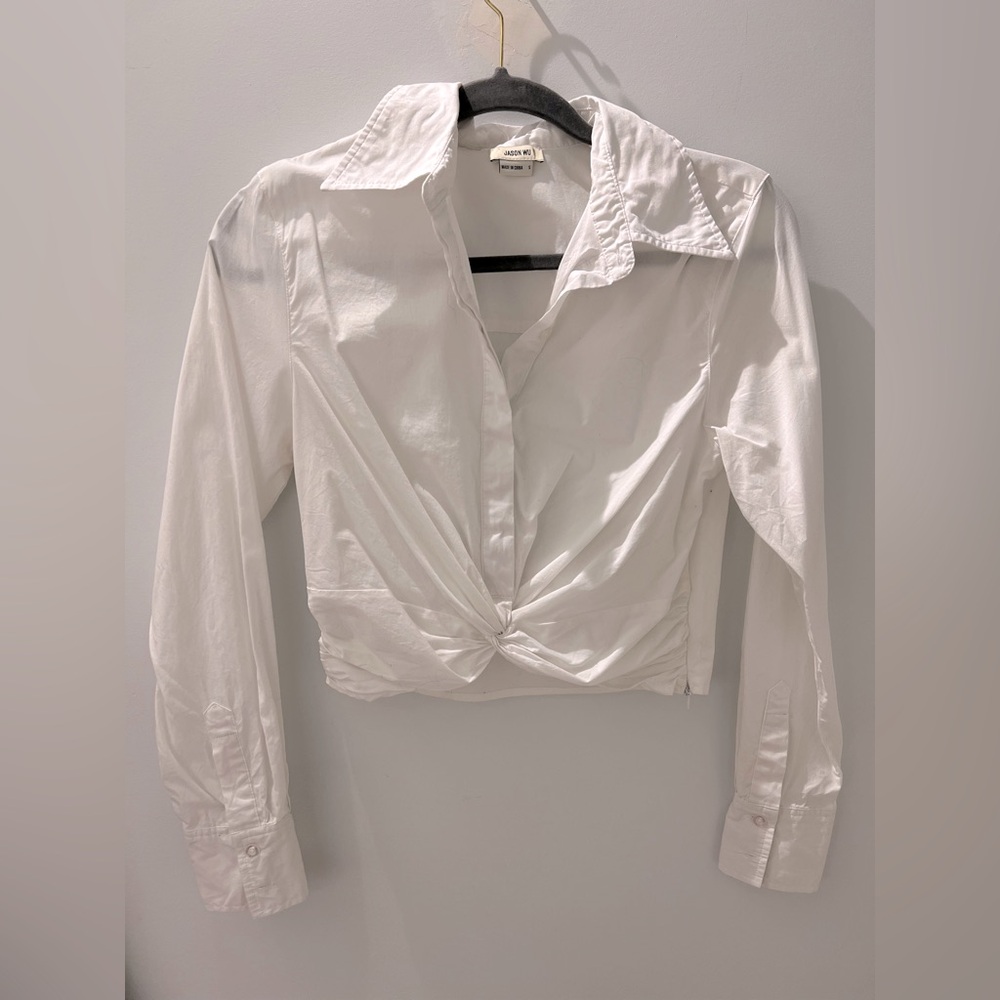 Jason Wu White Twist-Front Cropped Button-Down Blouse